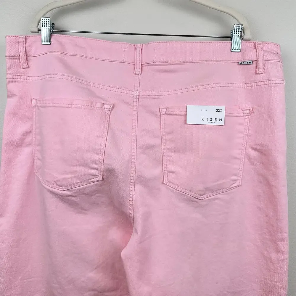 NEW Risen Jeans Wide Leg High Rise Fray Hem Stretch Light Pink 3XL Boho